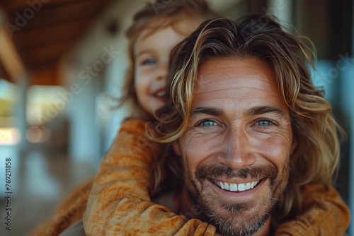 The man, with a big smile on his face, is carrying a little girl on his shoulders. His hair is styled neatly, with a beard on his jaw adding to his happy and facial hair photo