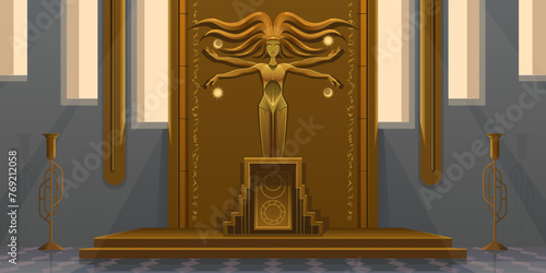 Interior of a temple with a golden statue of a goddess in retrofuturism style. A floating statue of a four-armed woman with flowing hair. Altar, symbols of the moon and sun, panel with hieroglyphs.