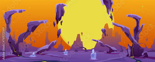 Panorama of an icy planet with volcanic activity. Dwarf star above the horizon, asteroid belt, floating rocks above a low gravity planet. Deep space exploration, gaming background. Vector cartoon.