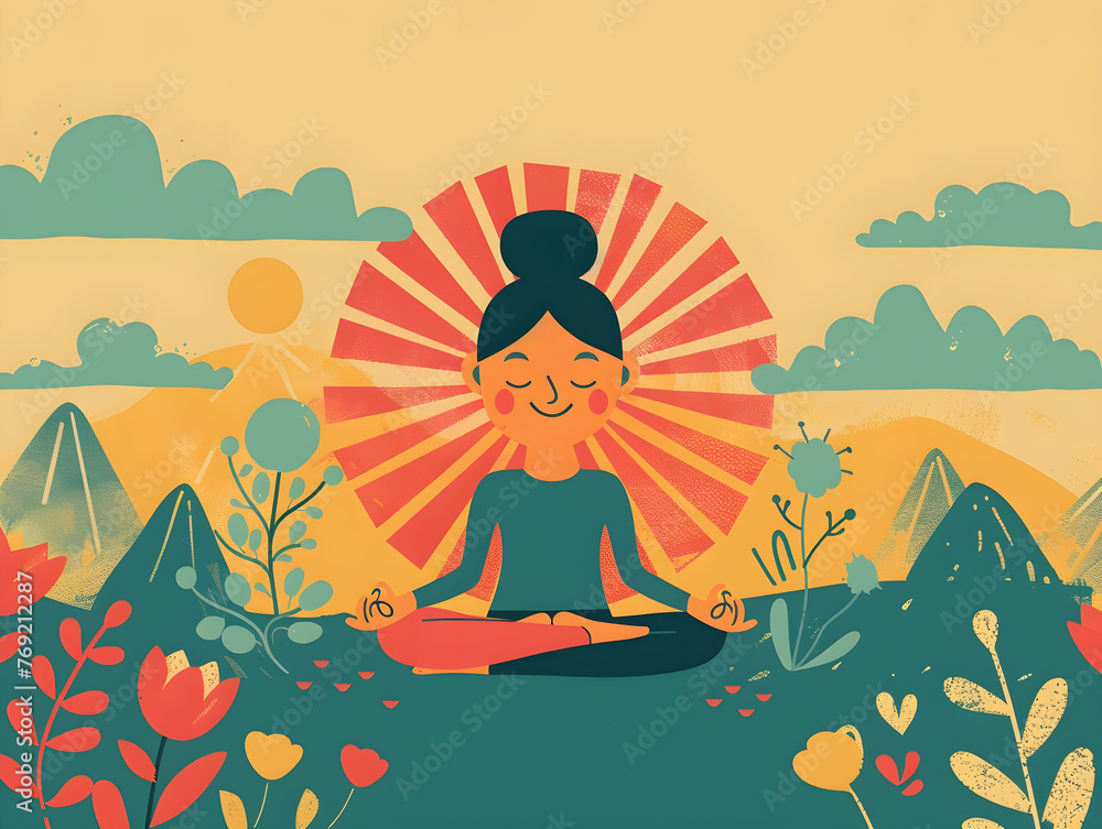 Concept of Inner Peace and Spirituality: Tranquil Woman Meditating in Serene Garden Amidst Lush Greenery, Blooming Flowers, Majestic Mountains, Radiant Sunburst Pattern, Warm Hues of Sunrise or Sunset