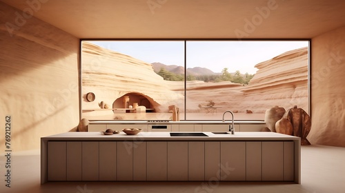 an image that encapsulates the essence of a Zen-inspired rammed earth kitchen,  photo
