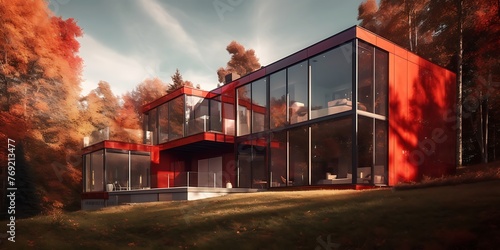 Utilize AI to generate an image of a contemporary red home, blending modernist design principles  photo