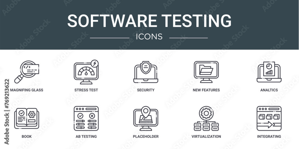 set of 10 outline web software testing icons such as magnifing glass ...