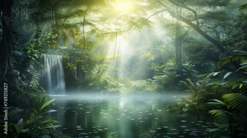 Enchanted woodlands. Serene capture of forest bathed in gentle morning sunlight reflecting in tranquil river ideal nature landscape and scenic collections © JovialFox