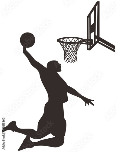 Vector silhouette of a basketball player dunking the ball.