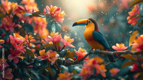 A toucan sits on a branch amid flowers in a natural landscape