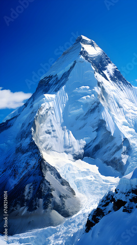 A Majestic Portrait of the Snow-capped Mount Everest Against the Azure Sky © Evan