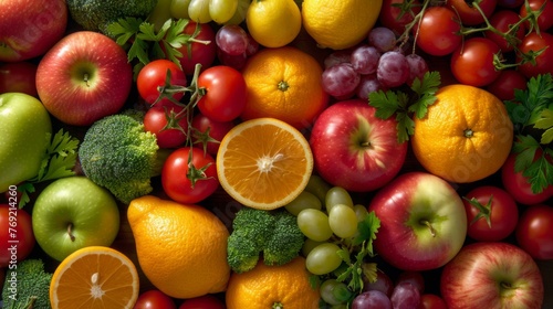 Vibrant assortment of fresh fruits and vegetables in colorful top view natural mosaic of healthy eating ripe apples oranges grapes lemons and tropical produce mixed with green broccoli red tomatoes