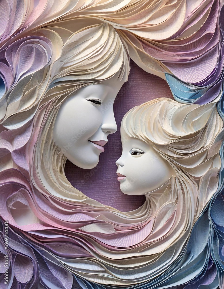 Ethereal mother and child bas-relief sculpture