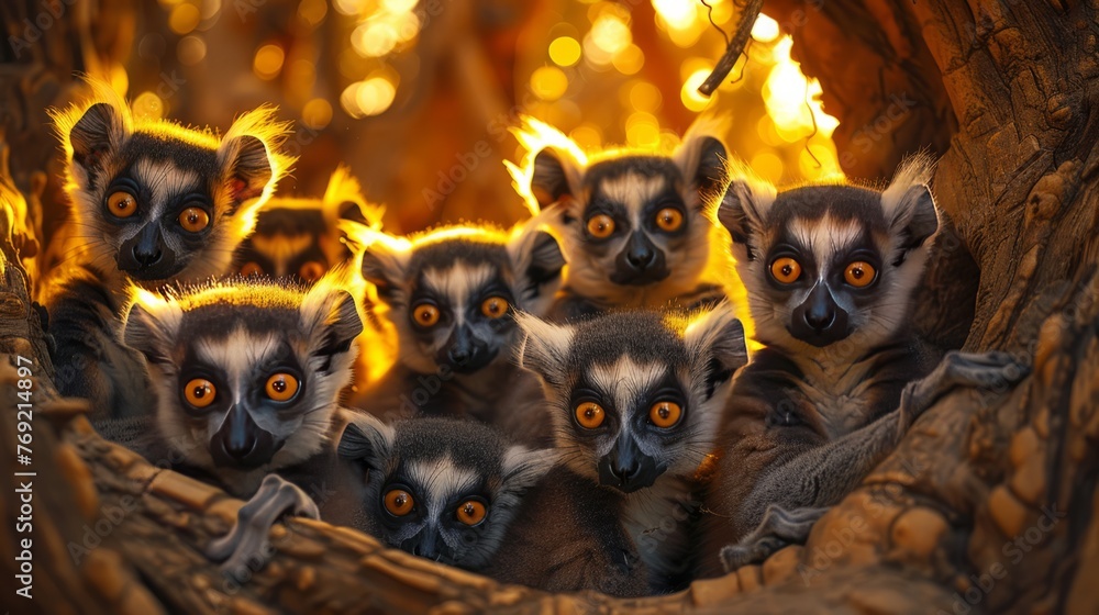 Naklejka premium A group of lemurs sit in a tree hole in the jungle