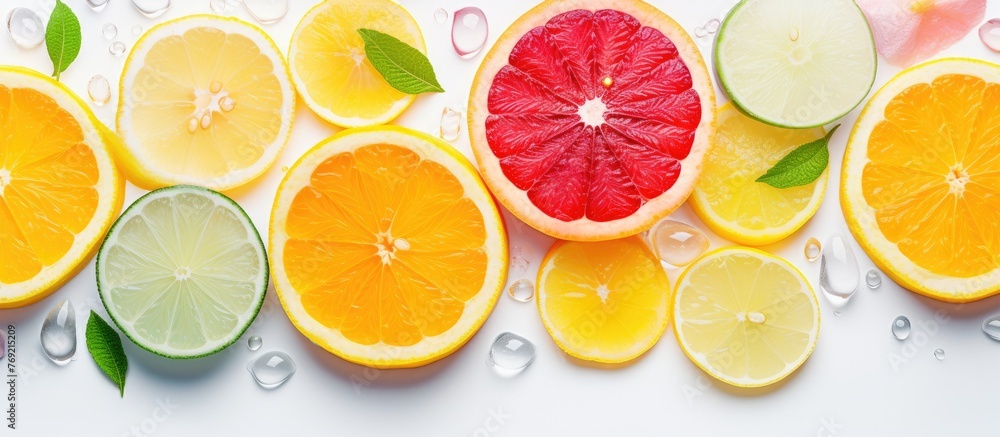 Assorted fresh and juicy citrus fruits like oranges, lemons, and limes are sliced and arranged in a close-up shot Assorted fresh and juicy citrus fruits like oranges, lemons, and limes are sliced and arranged in a close-up shot