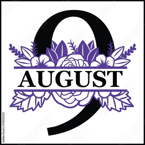 9 august Floral Split Silhouette Counting Vector Design | Print Design | Cut file | Shirt Design | Birthday Gift