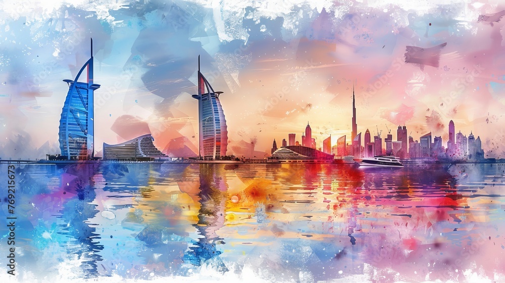 Dubai's key landmarks, including the Burj Al Arab, are creatively depicted using watercolor and flat color techniques, promoting tourism in the United Arab Emirates
