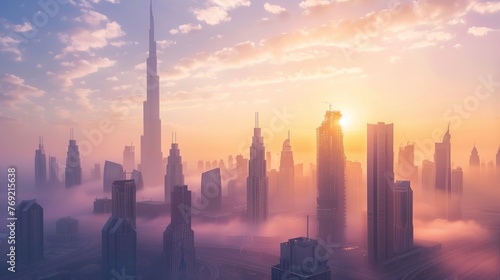 Dubai's city center skyline is shown at sunrise, featuring its luxurious skyscrapers and highlighting the city's architectural splendor