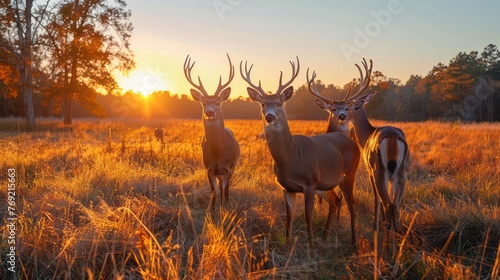 Deer herd in grassy plain under sunset sky in natural landscape