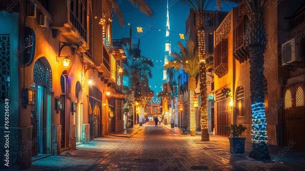 Dubai's old Arab city streets are illuminated at night, presenting a view filled with cultural and historical charm