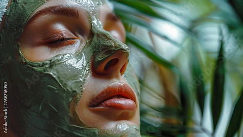 Close up of a young woman with our eyes closed wearing a face pack at a tropical spa healthy lifestyle and wellbeing Skincare routine and anti aging treatment © RCH Photographic