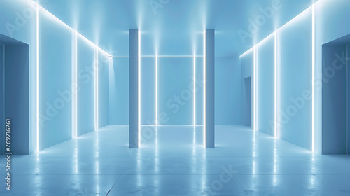 an empty room with soft blue walls illuminated by evenly spaced vertical lights.