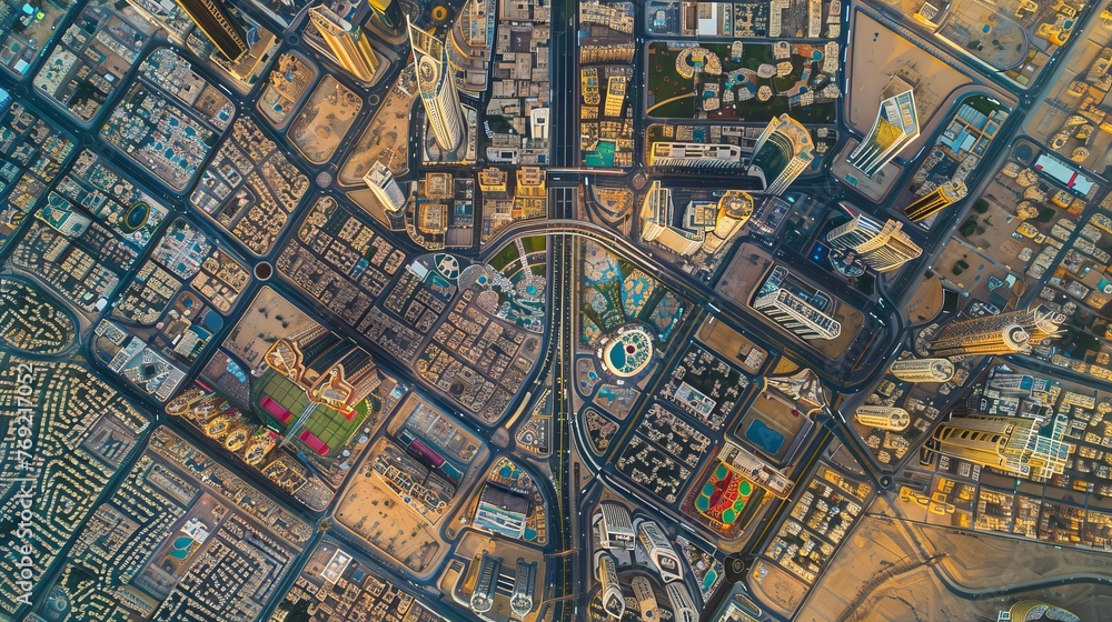 Fototapeta premium Riyadh City is seen from above, offering a detailed aerial perspective of the Saudi Arabian capital