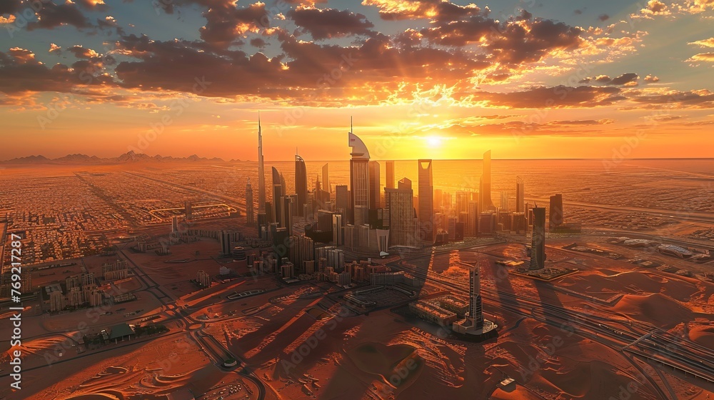Riyadh's King Financial District is depicted at sunset, highlighting the area's advanced technological infrastructure within the capital of Saudi Arabia - obrazy, fototapety, plakaty 