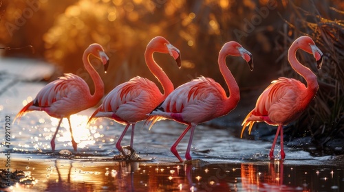 A group of Greater flamingos wading in water in their natural wetland habitat