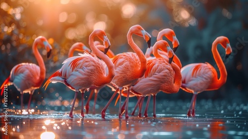 A group of Greater flamingos wade in the waters of their natural ecoregion photo