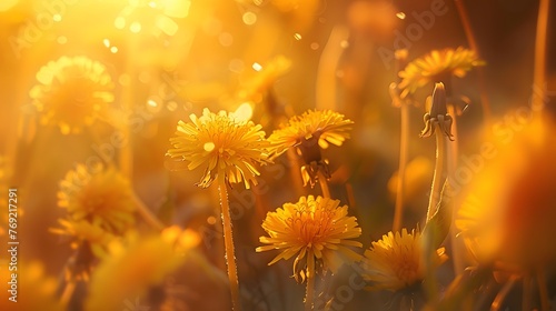 Beautiful flowers of yellow dandelions in nature in warm summer or spring on meadow in sunlight  macro. Dreamy artistic image of beauty of nature. Soft focus. 