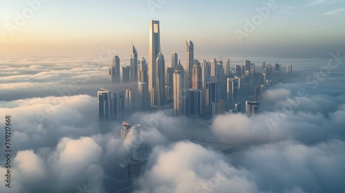 The Abu Dhabi skyline is depicted with clouds, showcasing the modern city view of the United Arab Emirates capital