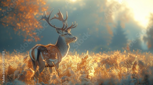 Deer in tall grass at sunset in natural landscape