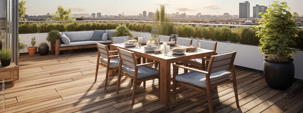 Luxurious Rooftop Lounge with Comfortable Sofa and Dining Area Overlooking the City Luxurious Rooftop Lounge with Comfortable Sofa and Dining Area Overlooking the City