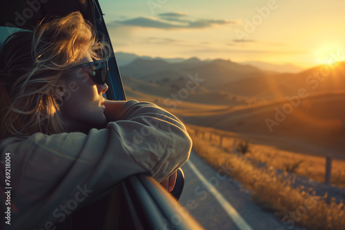 Woman Gazing at Sunset from Truck on Roadtrip, Summer Summer Travels