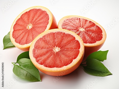 Ripe halves of pink grapefruit.