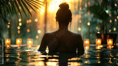 Beautiful woman with her back in the pool against the background of tropical palm trees.