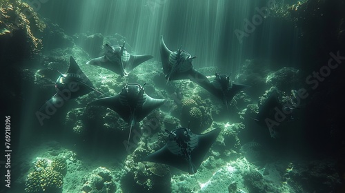Group of manta rays swim near coral reef in ocean, marine biology science