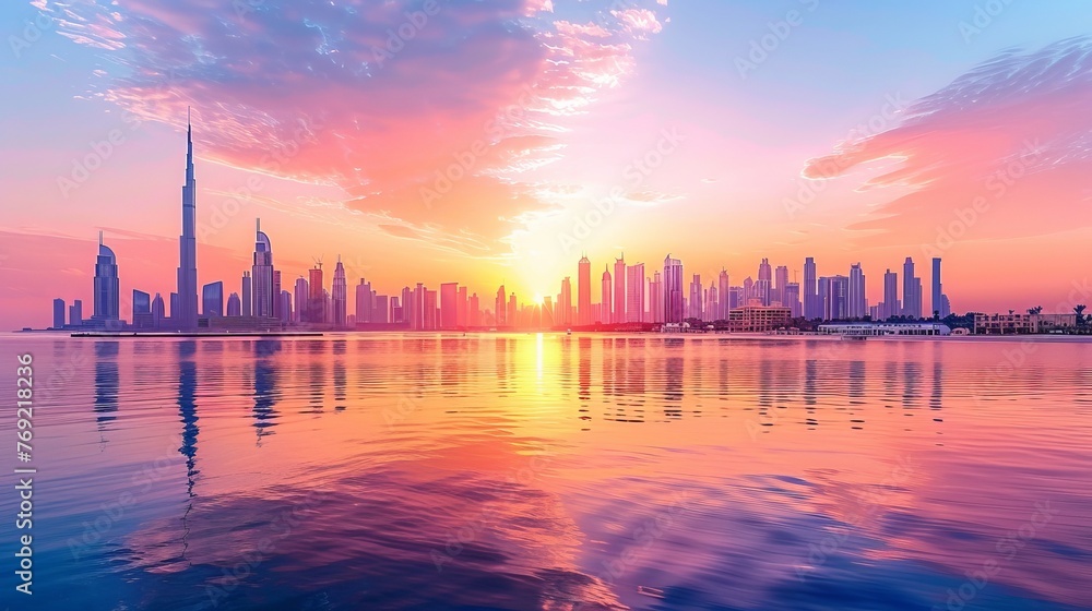 The city of Dubai is showcased at sunset, featuring its impressive city center skyline along with the famous Jumeirah beach, highlighting the beauty of the United Arab Emirates