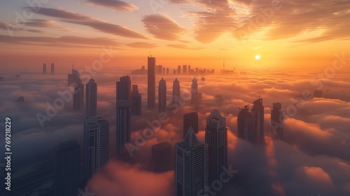 The Business Bay area in Dubai is enveloped in fog at sunrise, offering a mystical view of the city's modern landscape
