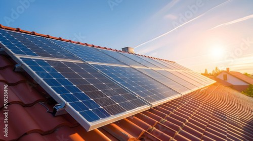 solar panels, photovoltaics on red roof tiles of house with sunlight.