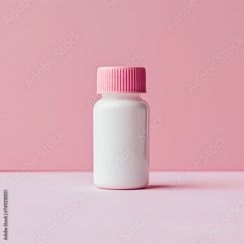 A white pill bottle with a pink top and pink background © PixelHD