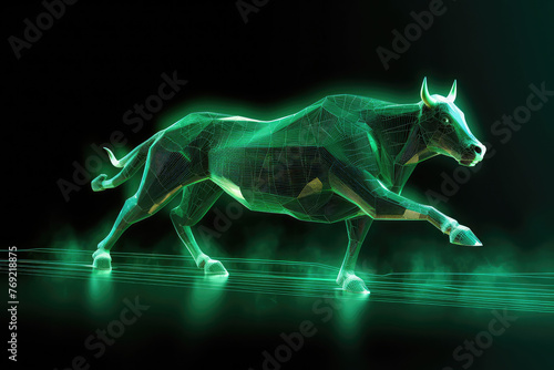 Metallic green bull or bullish with market trend in crypto currency or stocks. Trade exchange background  up arrow graph for increase in rates.3d render illustration.