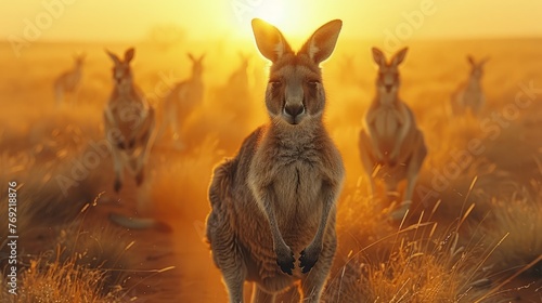 Kangaroos bounding through grassy ecoregion at sunset © yuchen