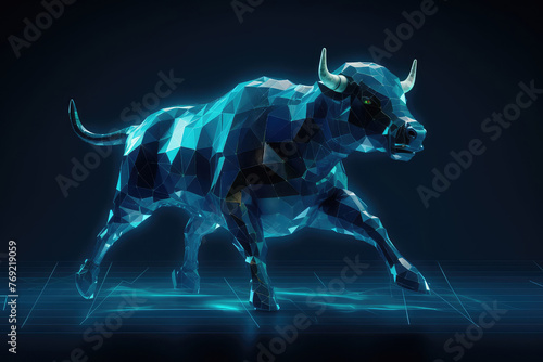 Metallic blue bull or bullish with market trend in crypto currency or stocks. Trade exchange background, up arrow graph for increase in rates.3d render illustration.