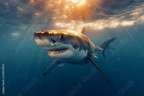 A member of the Lamnidae family, the great white shark, a cartilaginous fish, is gracefully swimming in the liquid environment of the ocean photo