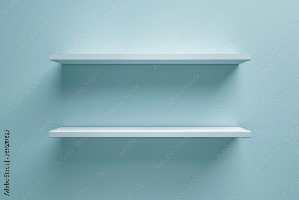 Minimalist floating shelves on a pale blue wall, simplistic modern interior Minimalist floating shelves on a pale blue wall, simplistic modern interior