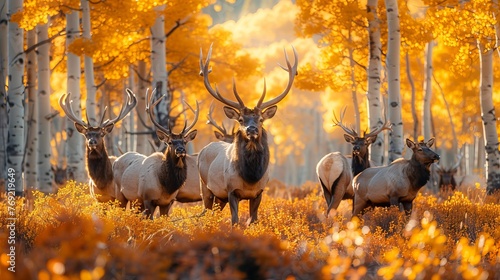 A group of elk in a forest surrounded by trees and grassy landscape