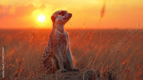A Felidae sits on grassland at sunset, surrounded by fawn landscape © yuchen