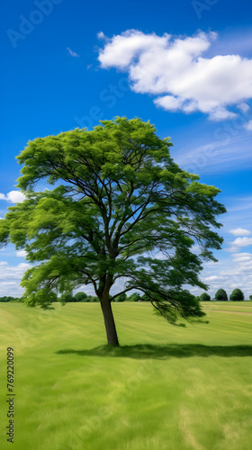 Majestic Elm Tree Dominating a Serene Green Landscape under a Clear Blue Sky