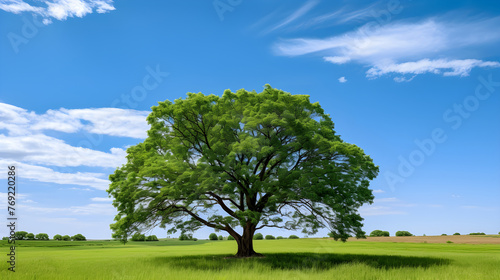 Majestic Elm Tree Dominating a Serene Green Landscape under a Clear Blue Sky