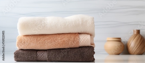 A detailed shot featuring a neatly arranged pile of towels on a wooden table surface  showcasing a variety of colors and textures