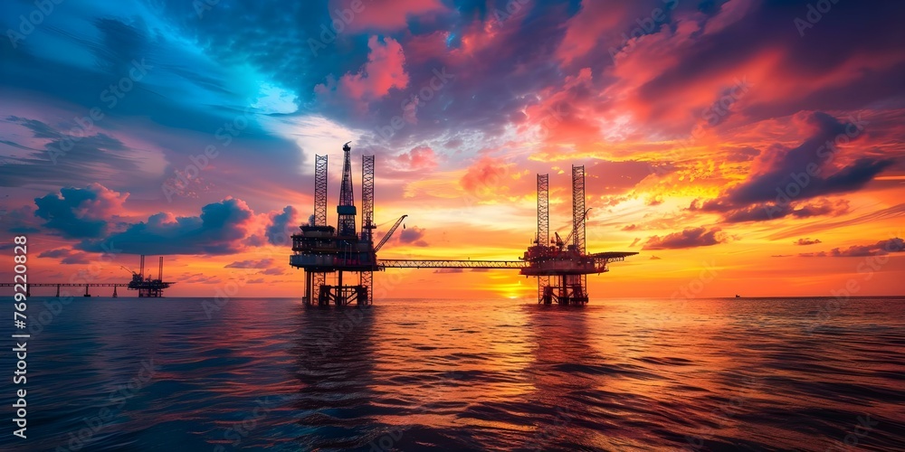 The Impact of Industrialization on Energy Resources and the Environment: Oil Rigs Silhouetted Against a Colorful Sunset Sky. Concept Industrialization, Energy Resources, Environment, Oil Rigs