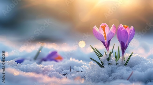 Sunlit Springtime Crocus Growth in Snowy Landscape © hisilly